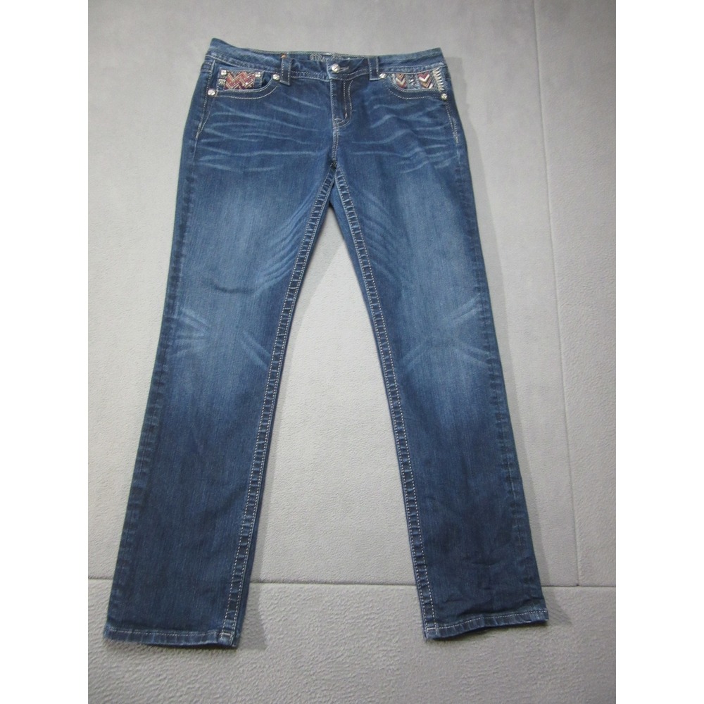 Miss Me Jeans Womens 33 Blue Straight Leg Embroidered Southwestern Geometric